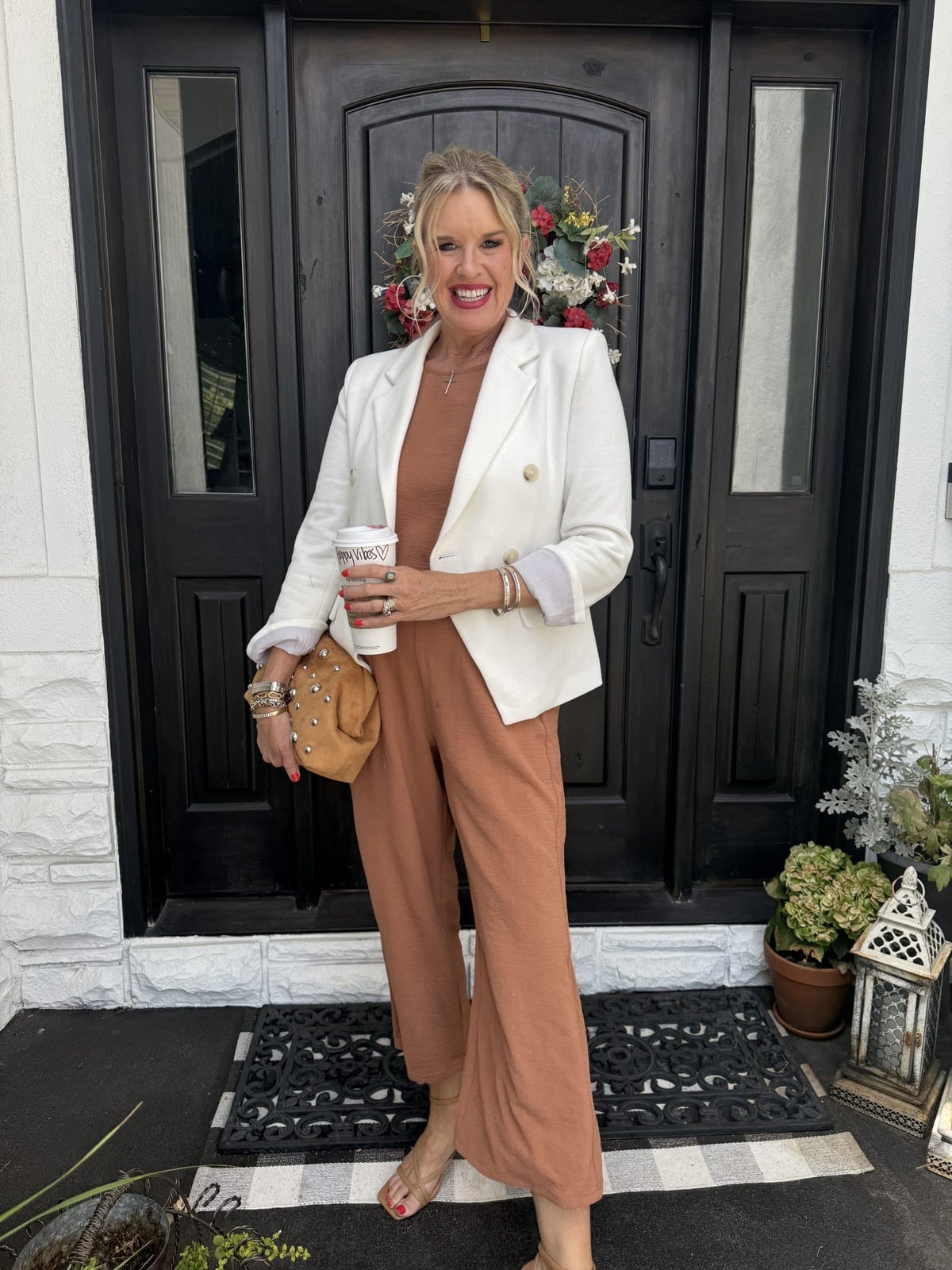 White blazer over a rust jumpsuit for smart casual White blazer over a rust jumpsuit for smart casual — Teacher Outfits