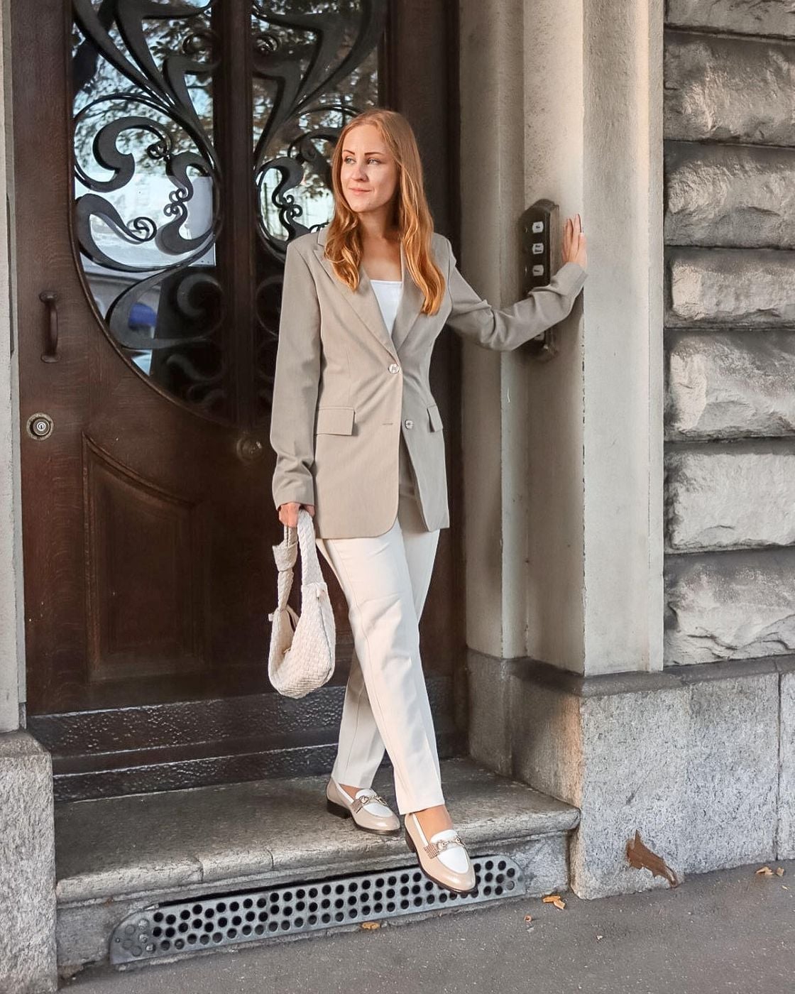 Beige Blazer With Cream Trousers Beige Blazer With Cream Trousers — Teacher Outfits Elementary