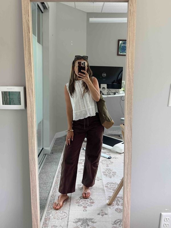 White Eyelet Top With Brown Trousers White Eyelet Top With Brown Trousers — Teacher Outfits Elementary