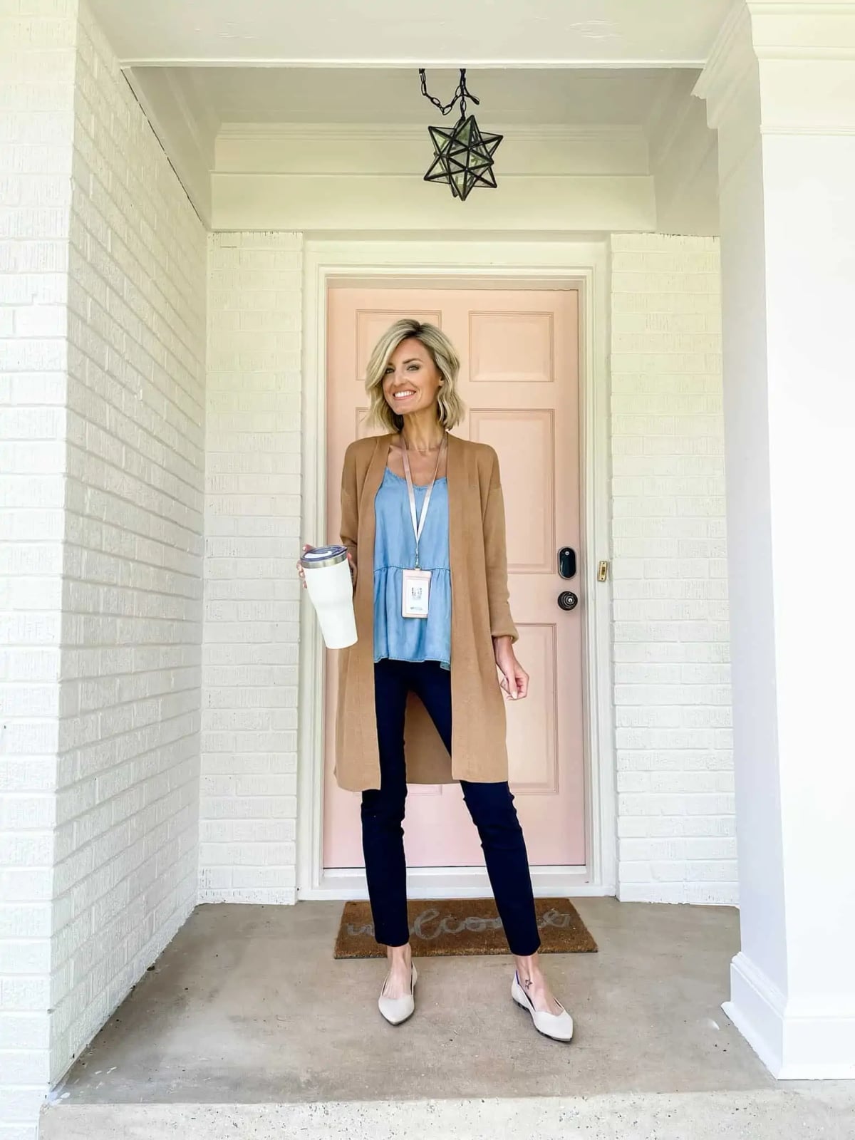 Camel Cardigan Over Blue Camisole Camel Cardigan Over Blue Camisole — Teacher Outfits Elementary