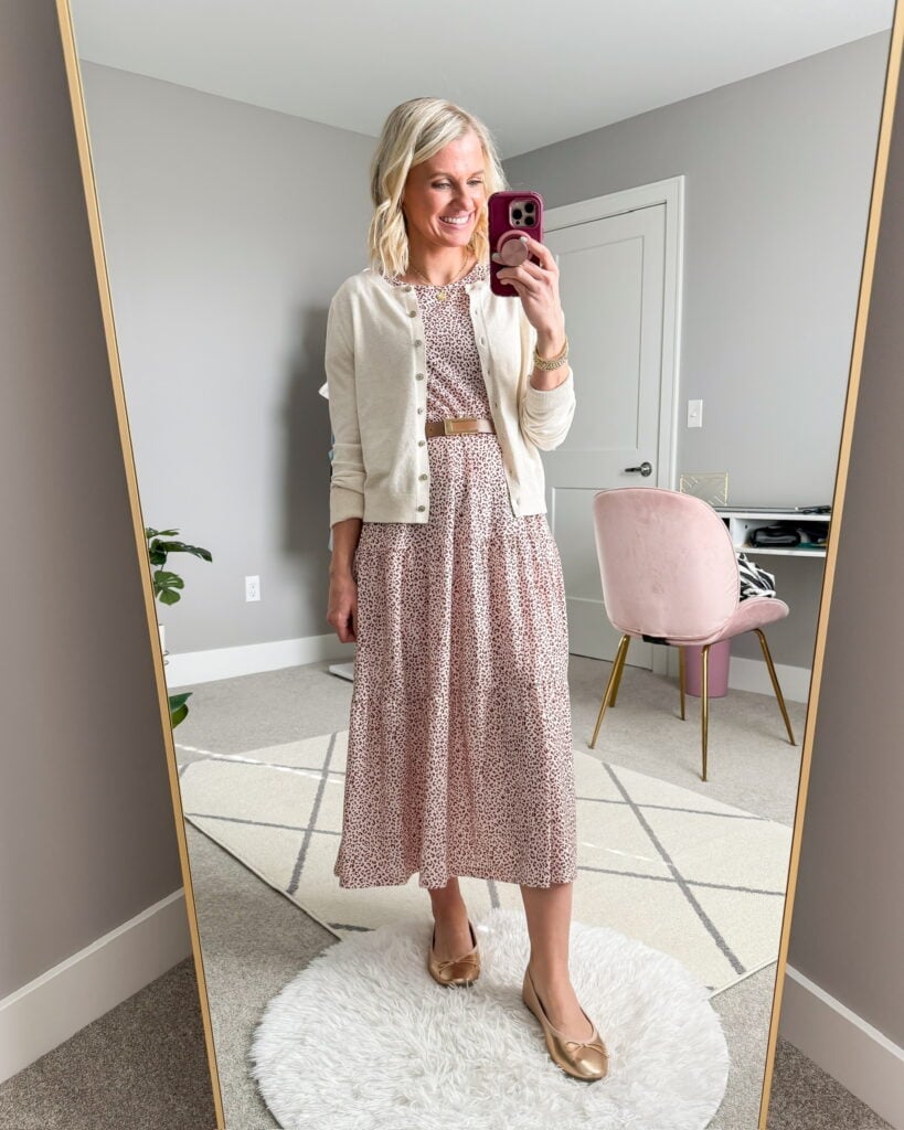 Cream Cardigan Over Floral Midi Dress Cream Cardigan Over Floral Midi Dress — Teacher Outfits Elementary