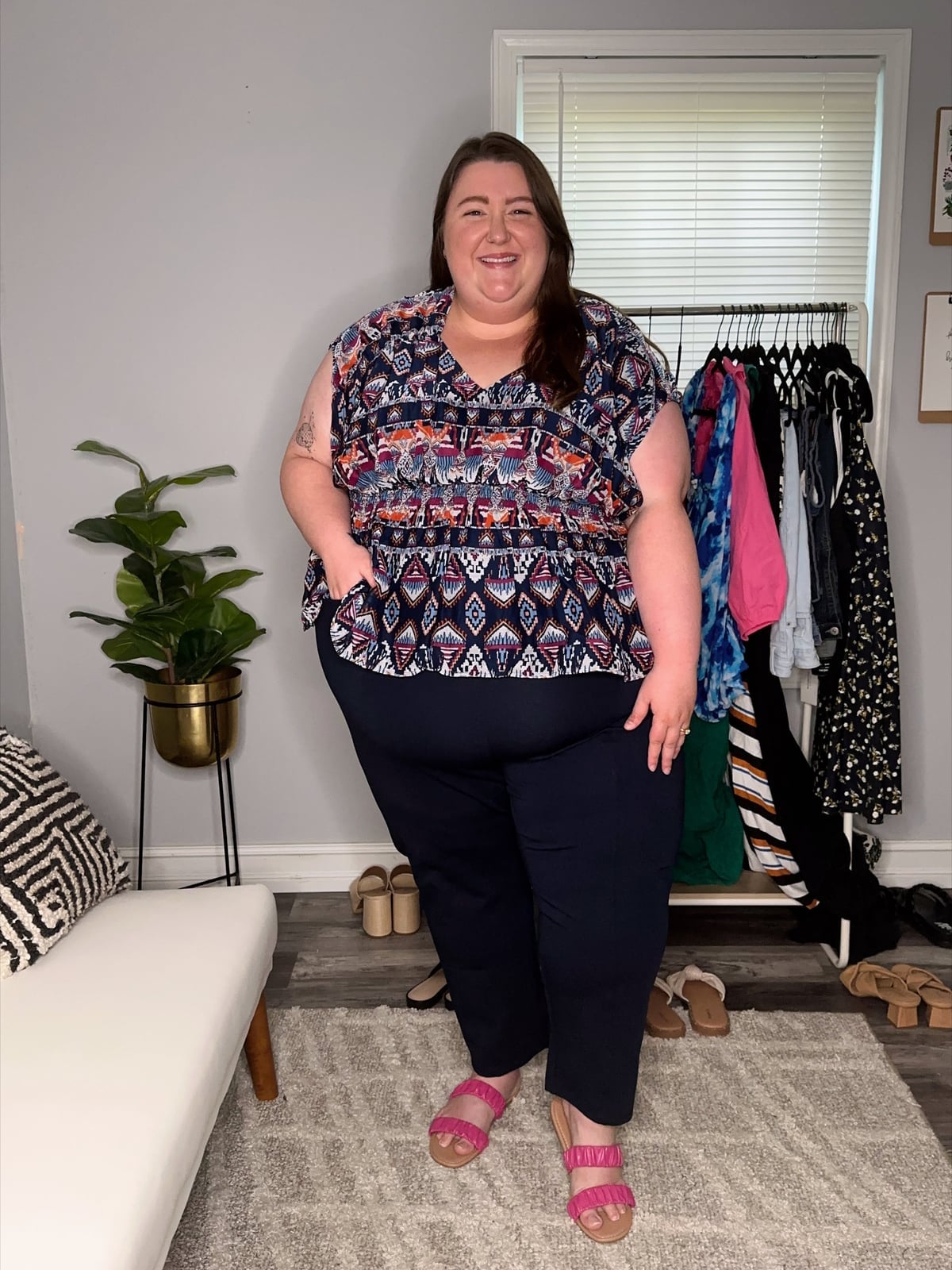 Printed V-Neck Top With Navy Trousers Printed V-Neck Top With Navy Trousers — Teacher Outfits Elementary