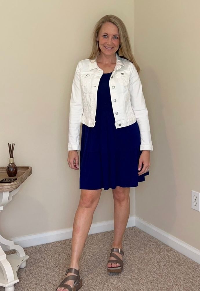 Denim Jacket Over Navy Dress Denim Jacket Over Navy Dress — Teacher Outfits Elementary