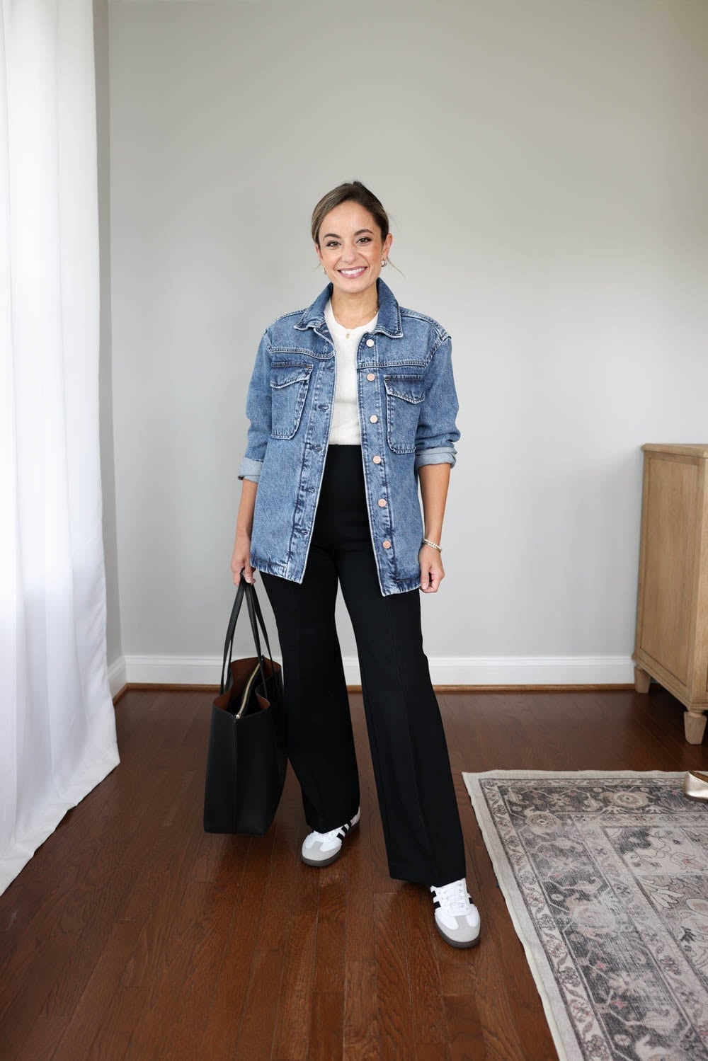 Denim Jacket Over White Tee and Black Trousers Denim Jacket Over White Tee and Black Trousers — Teacher Outfits Elementary