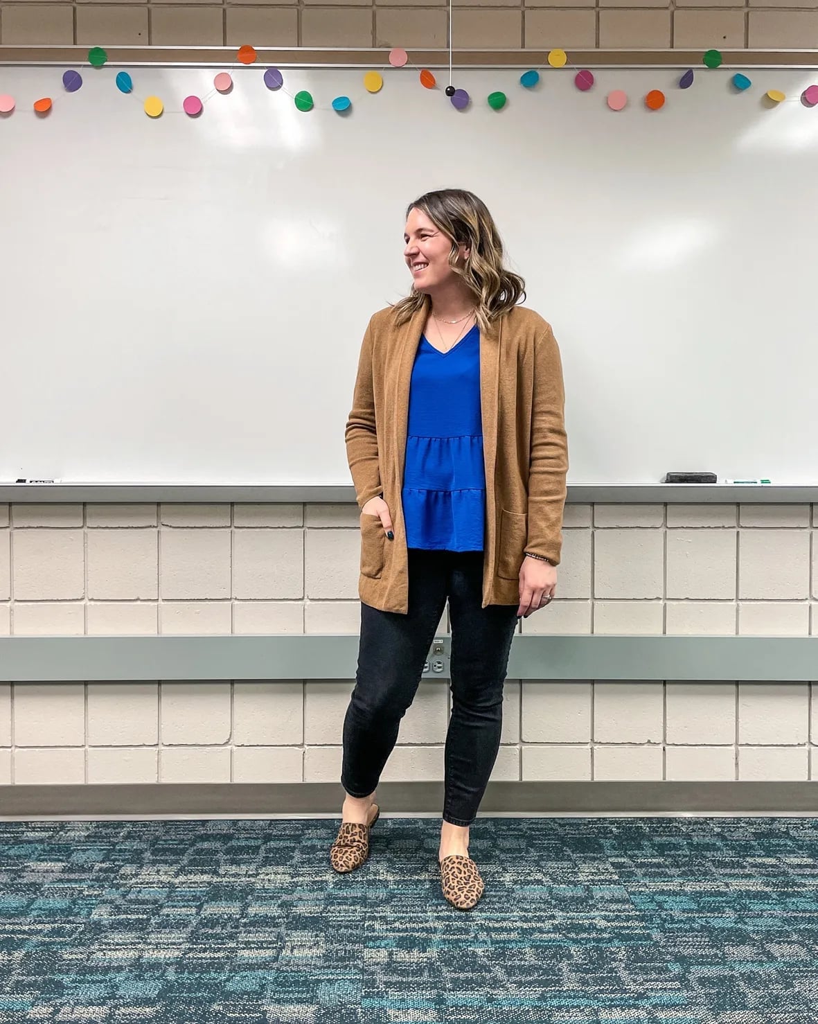 Brown Cardigan Over Blue Tiered Top Brown Cardigan Over Blue Tiered Top — Teacher Outfits Elementary