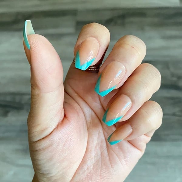 Sharp Teal French Tip Long Coffin Nails Sharp Teal French Tip Long Coffin Nails — Teal Nails