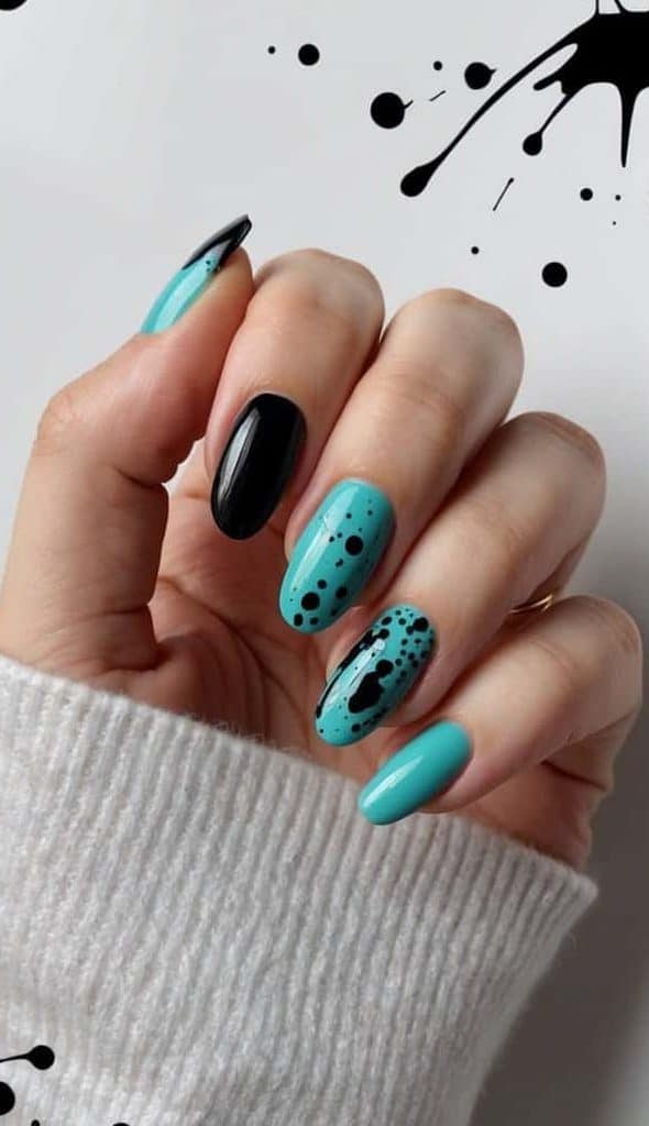Glossy Teal Black Splatter Oval Nails Glossy Teal Black Splatter Oval Nails — Teal Nails
