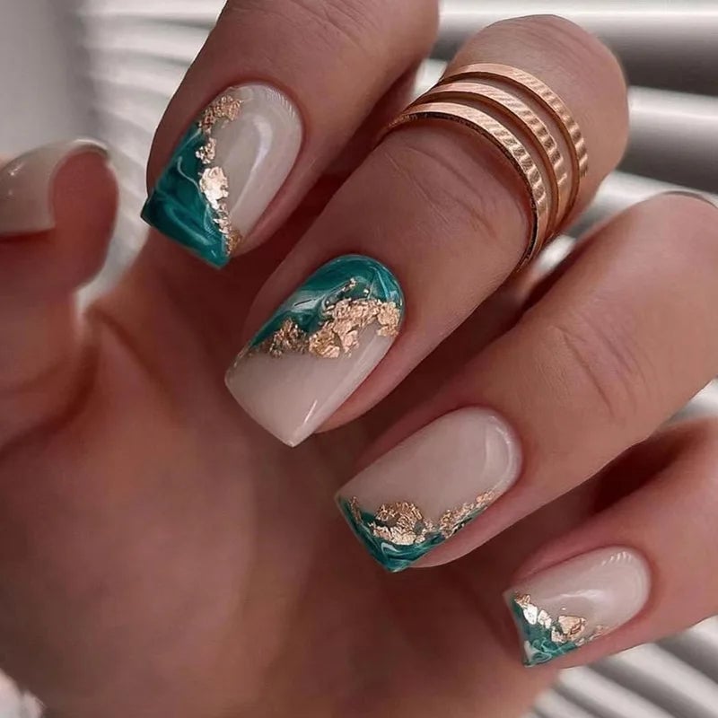 Teal Gold Foil Accents Medium Square Nails Teal Gold Foil Accents Medium Square Nails — Teal Nails