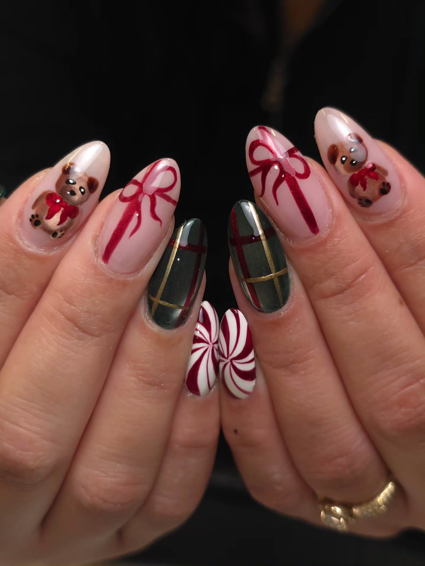 Teddy Bears, Plaid, and Peppermint Christmas Nails