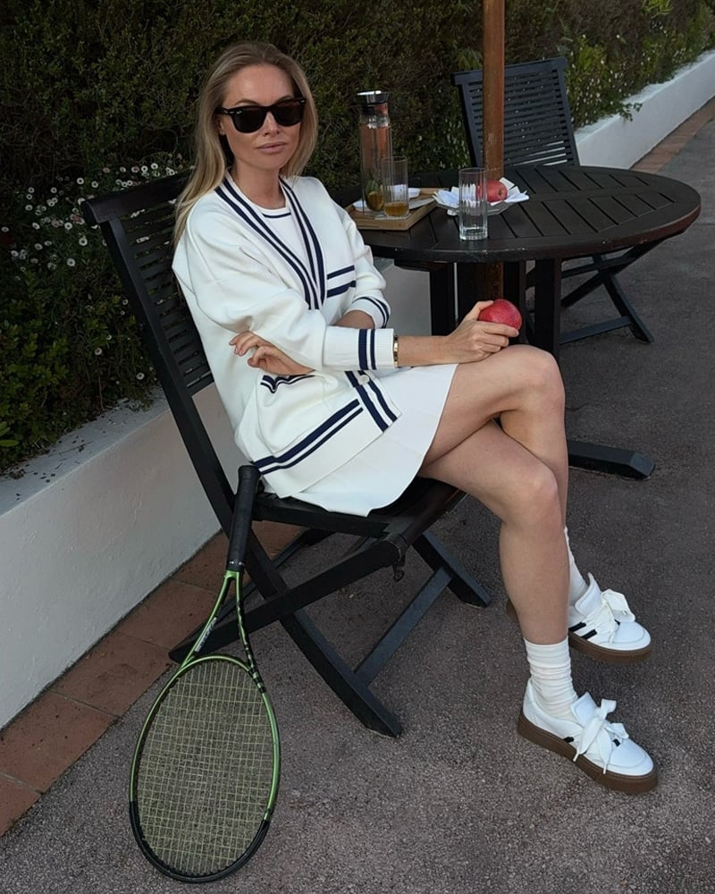 White Tennis Dress with Striped Cardigan White Tennis Dress with Striped Cardigan — Tennis Outfits