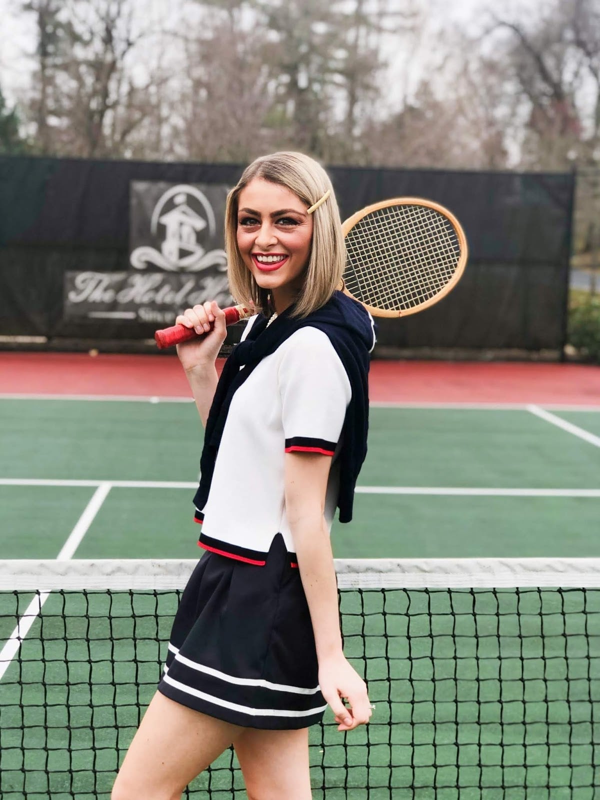 White Polo with Striped Trim and Navy Skirt White Polo with Striped Trim and Navy Skirt — Tennis Outfits