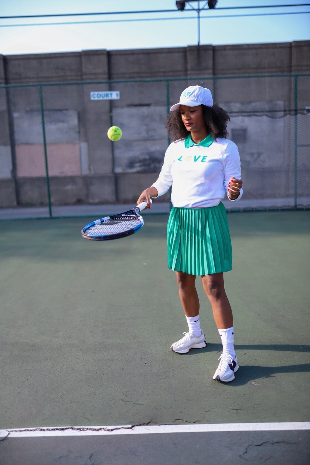 Green Pleated Tennis Skirt With White Collared Top Green Pleated Tennis Skirt With White Collared Top — Tennis Skirt Outfits