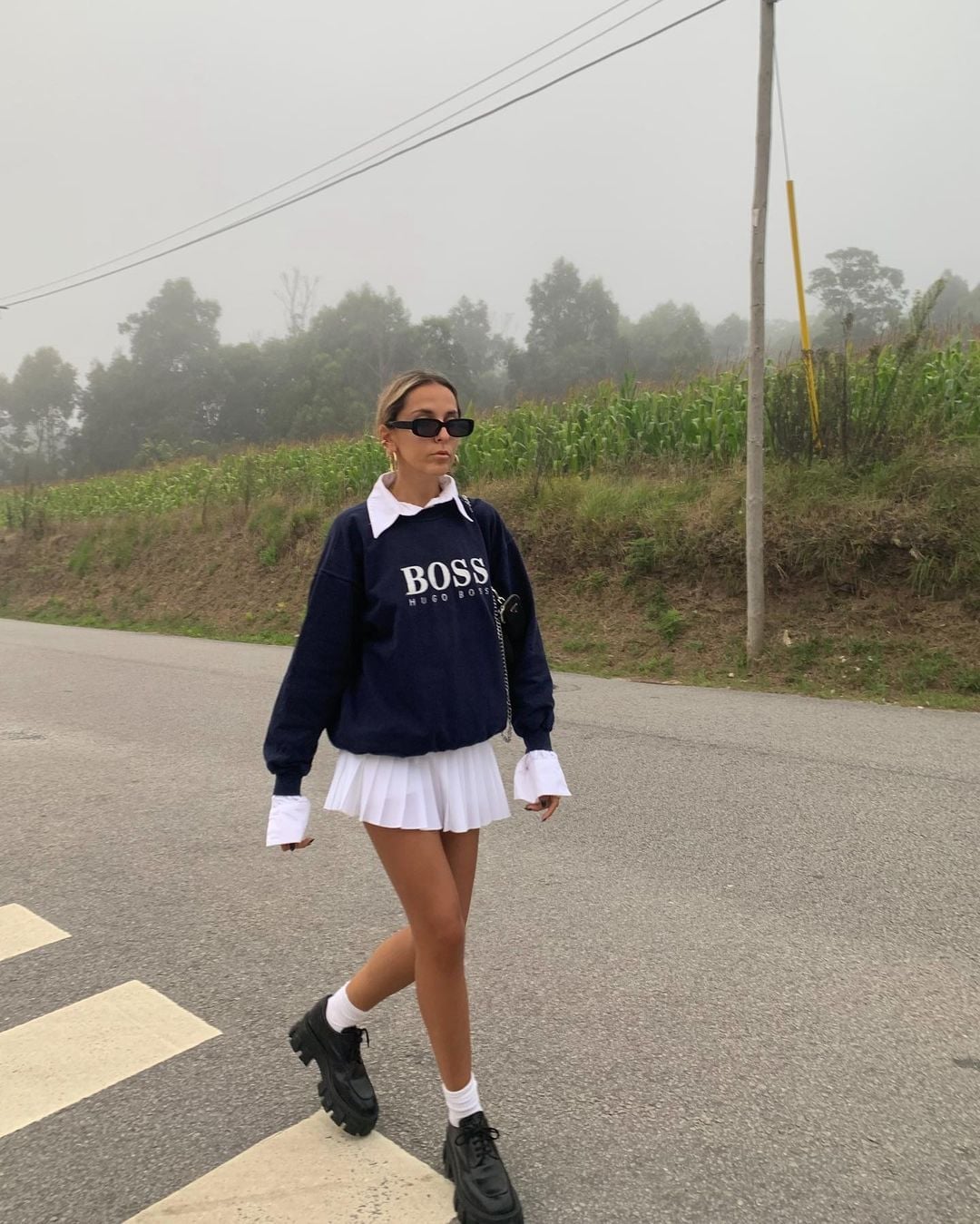 White Pleated Mini Skirt With Navy Sweatshirt, A-Line White Pleated Mini Skirt With Navy Sweatshirt, A-Line — Tennis Skirt Outfits