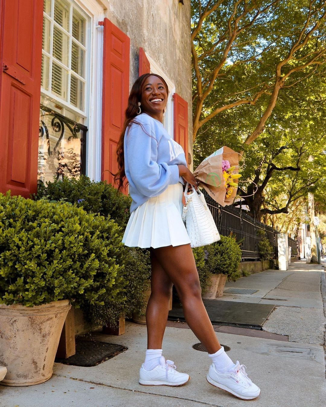 Light Blue Cable Knit Sweater With White Tennis Skirt Light Blue Cable Knit Sweater With White Tennis Skirt — Tennis Skirt Outfits