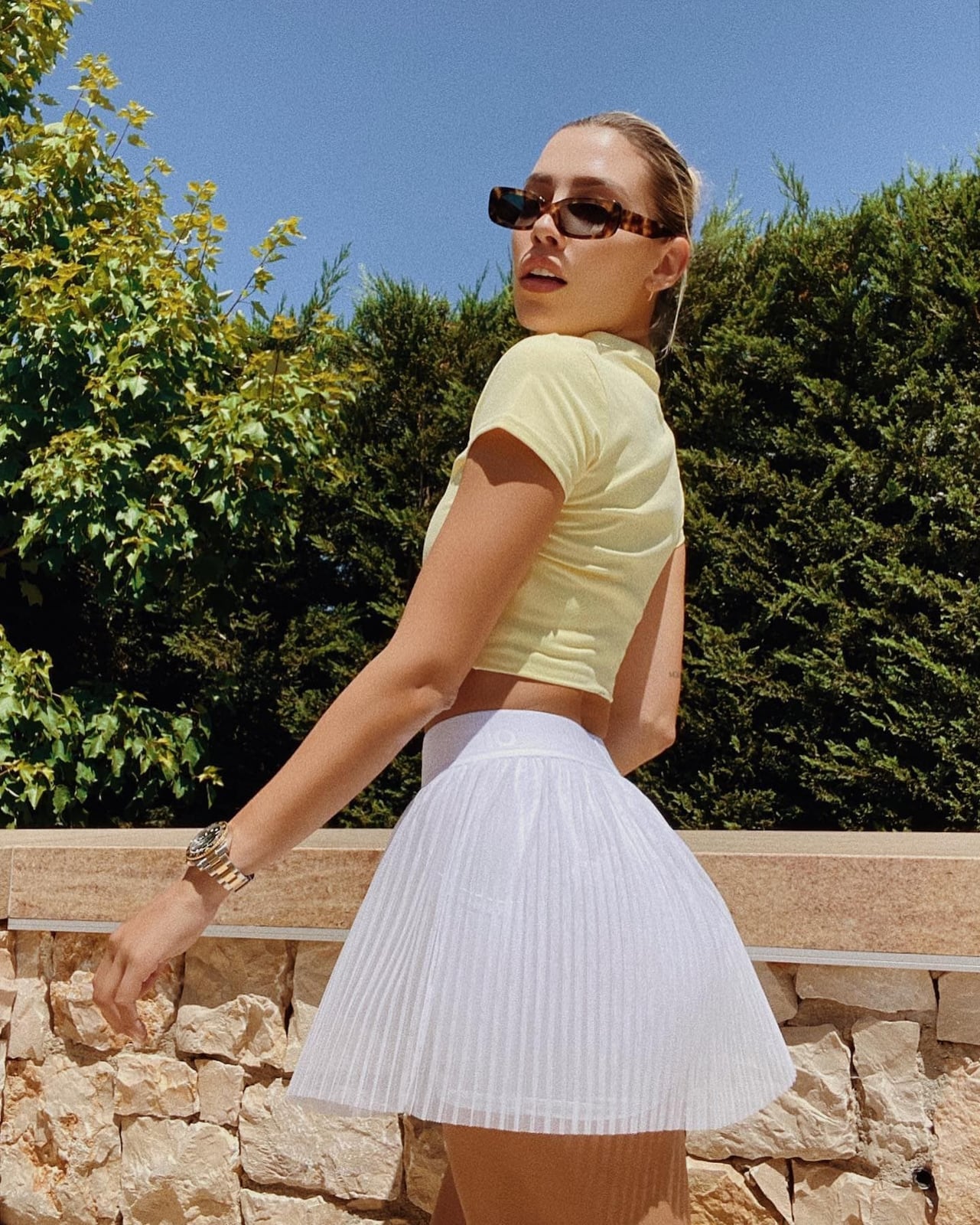 Yellow Cropped T-shirt With White Pleated Tennis Skirt Yellow Cropped T-shirt With White Pleated Tennis Skirt — Tennis Skirt Outfits