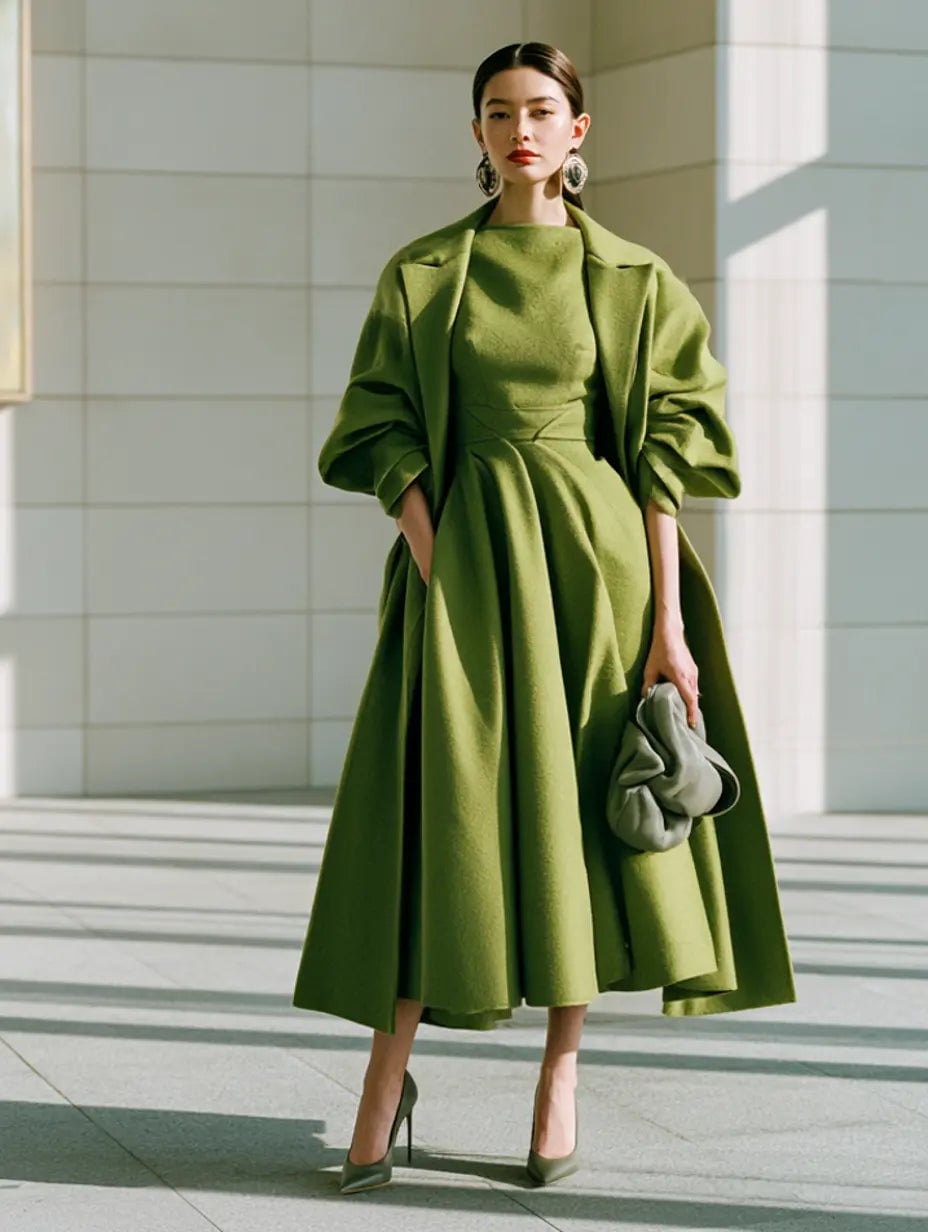 Voluminous Coat Over A Green Fit And Flare Dress Voluminous Coat Over A Green Fit And Flare Dress — Theater Outfits