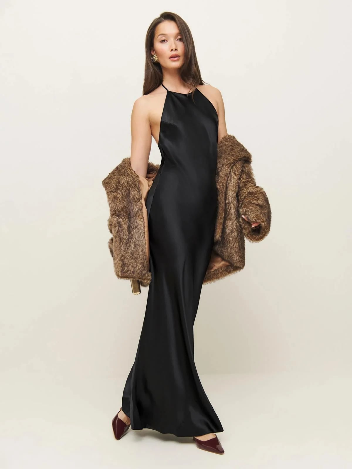Black Satin Halter Dress With Faux Fur Drape Black Satin Halter Dress With Faux Fur Drape — Theater Outfits