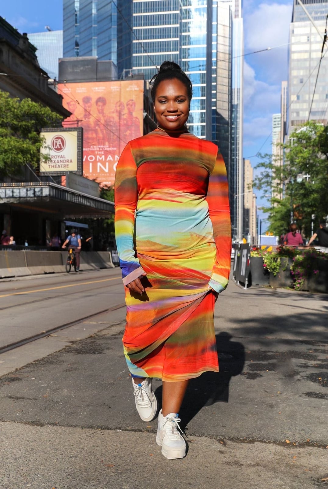 Rainbow Gradient Ruched Midi Dress With Sneakers Rainbow Gradient Ruched Midi Dress With Sneakers — Theater Outfits