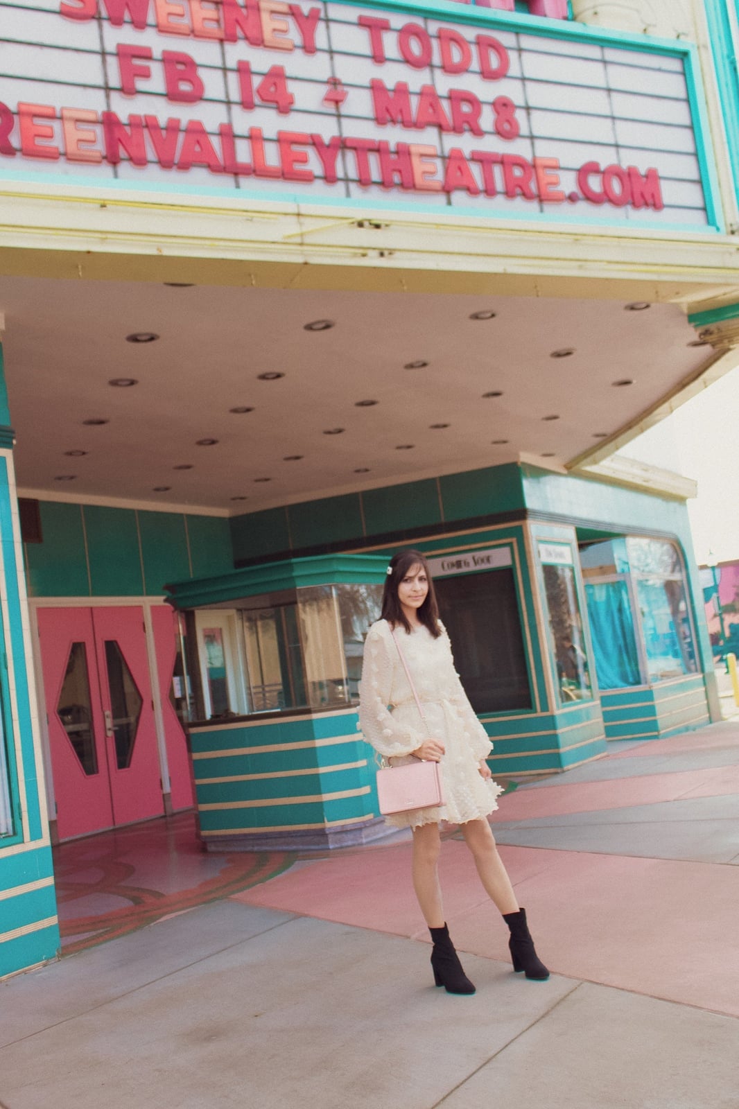 Ivory Pom-Pom Dress With Black Ankle Boots Ivory Pom-Pom Dress With Black Ankle Boots — Theater Outfits