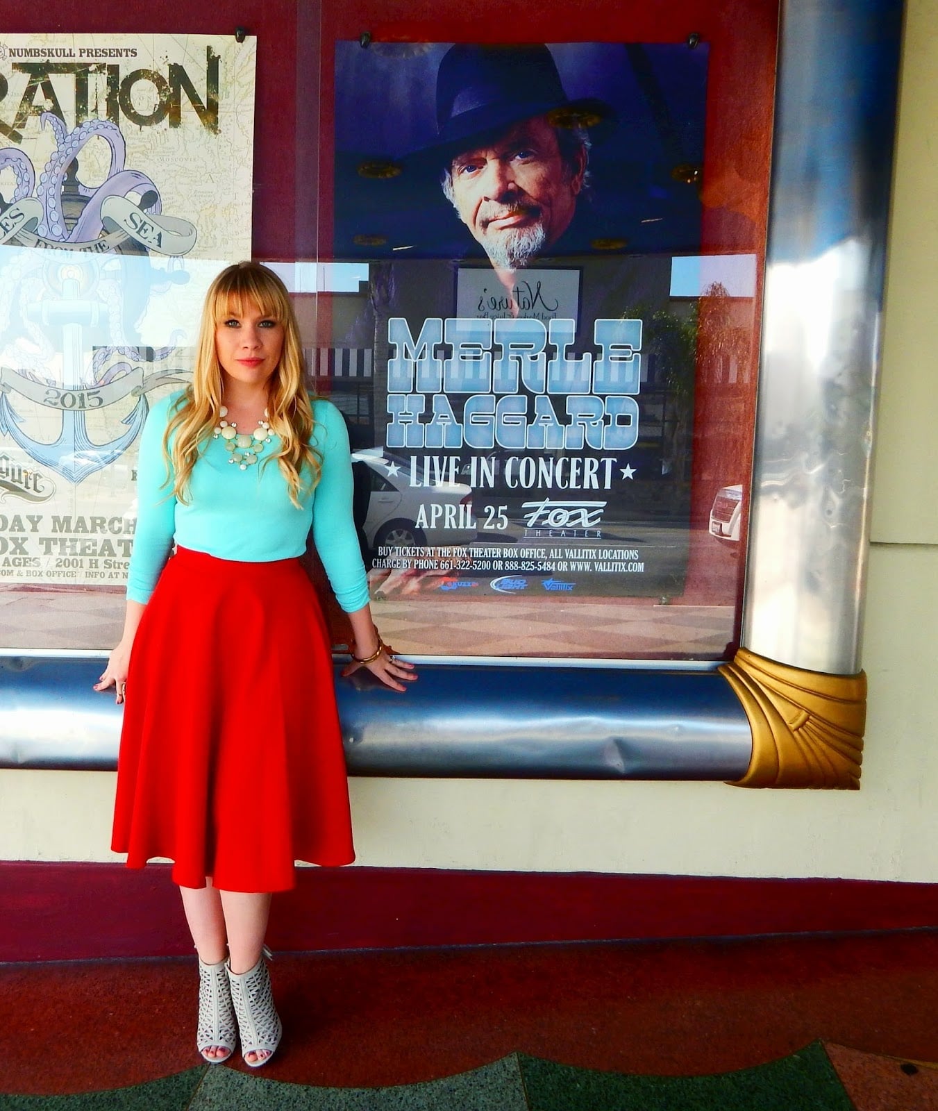Aqua Top With Flared Red Midi Skirt Aqua Top With Flared Red Midi Skirt — Theater Outfits