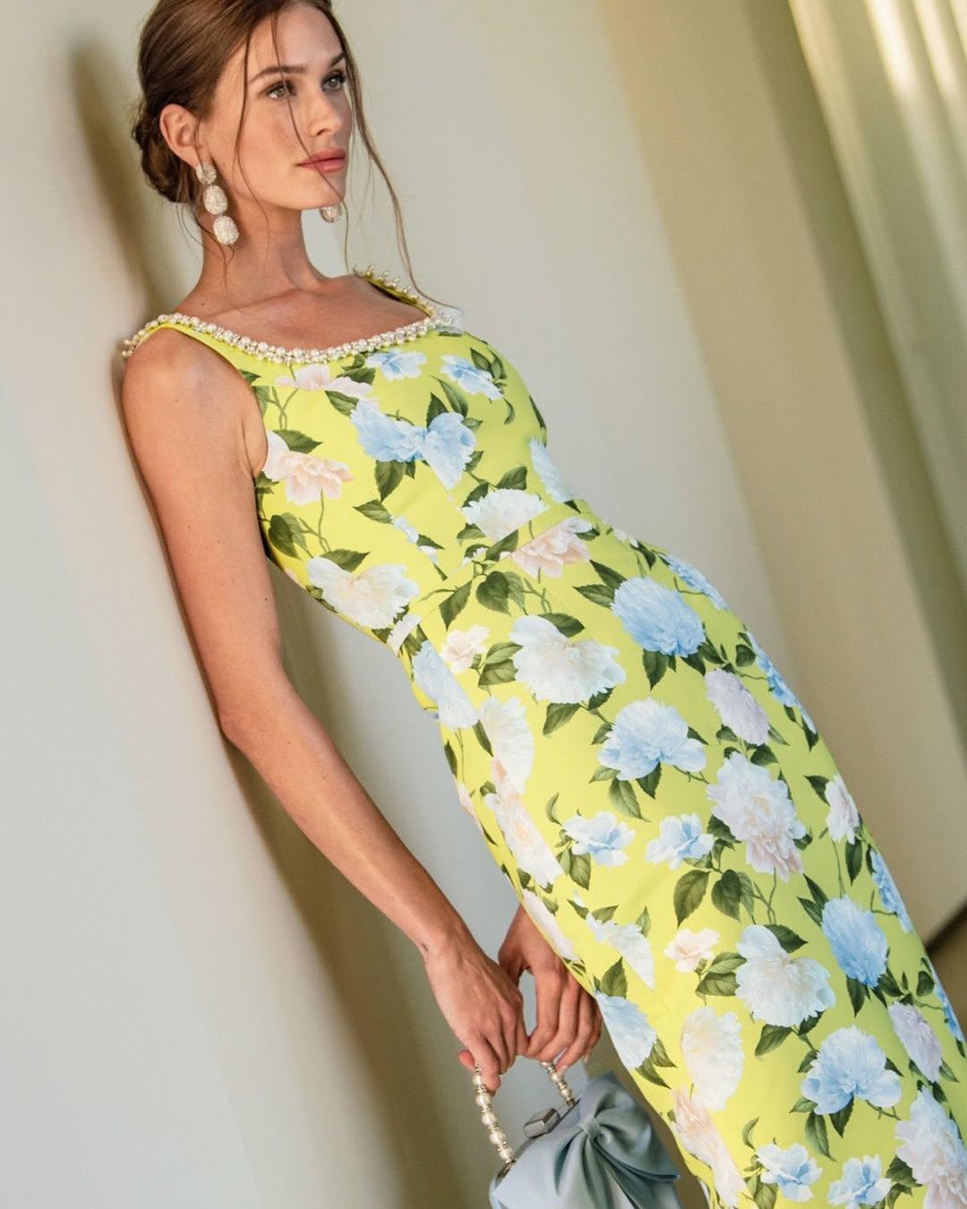 Yellow Floral Sheath Dress With Pearl Embellishments Yellow Floral Sheath Dress With Pearl Embellishments — Theater Outfits