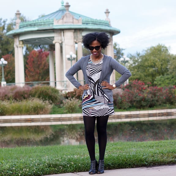 Gray Cardigan Over Patterned Mini Dress Gray Cardigan Over Patterned Mini Dress — Theater Outfits