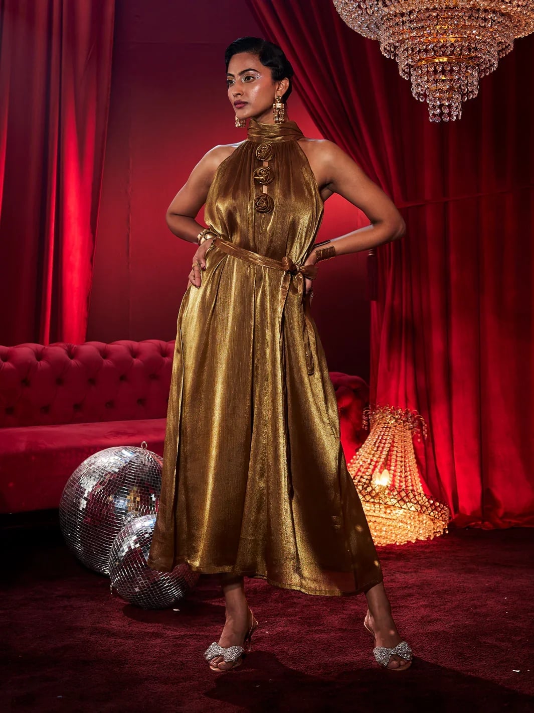 Metallic Gold Halter Midi Dress With Embellished Heels Metallic Gold Halter Midi Dress With Embellished Heels — Theater Outfits