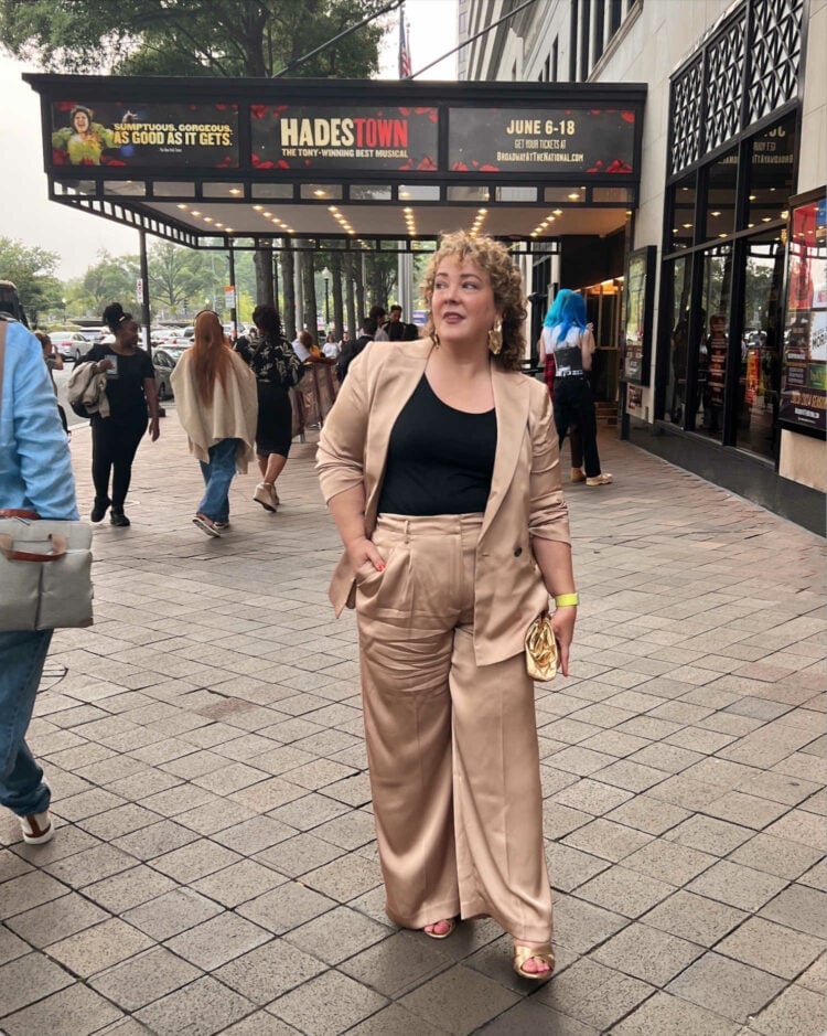 Beige Satin Pantsuit With Black T-Shirt Layer Beige Satin Pantsuit With Black T-Shirt Layer — Theater Outfits