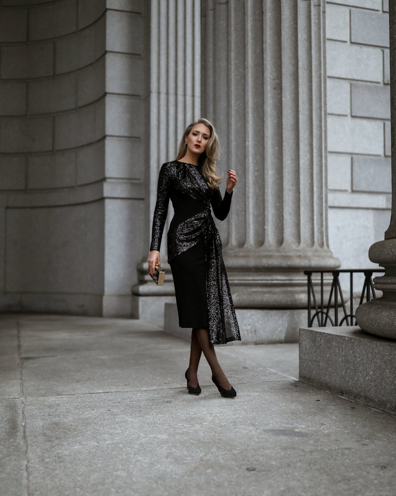 Black Sequined Draped Midi Dress Black Sequined Draped Midi Dress — Theater Outfits