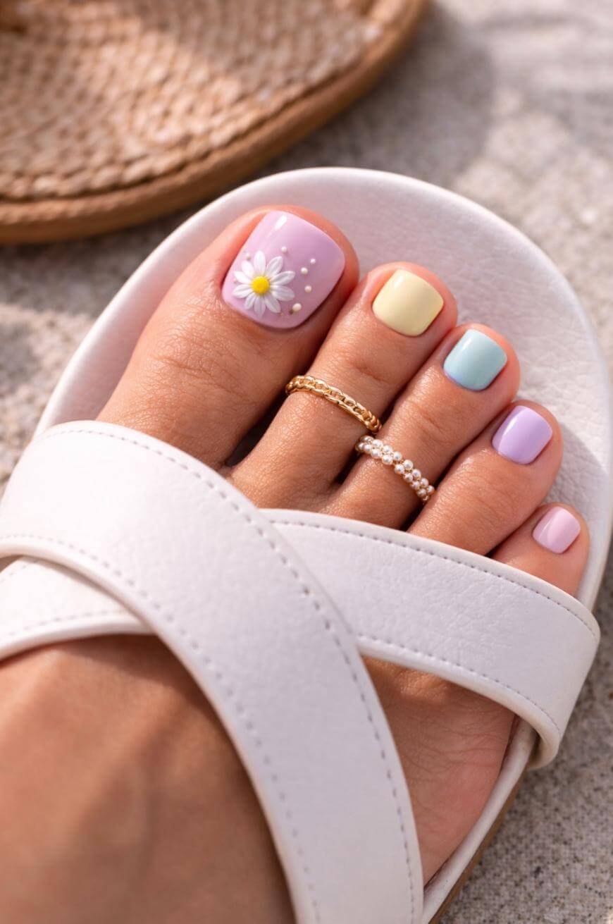 Pastel Toes With Daisy Accent Pastel Toes With Daisy Accent — Toe Nails Colors