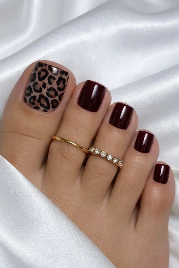 Deep Burgundy With Leopard Accent Deep Burgundy With Leopard Accent — Toe Nails Colors