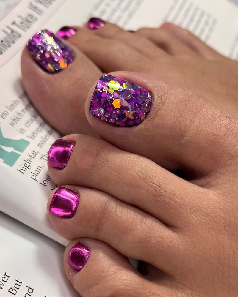 Metallic Pink Chrome With Purple Glitter Accents Metallic Pink Chrome With Purple Glitter Accents — Toe Nails Designs