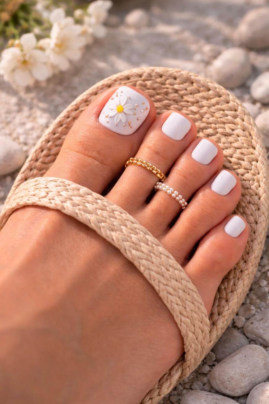 Glossy White With 3D Daisy and Pearls Glossy White With 3D Daisy and Pearls — Toe Nails Designs