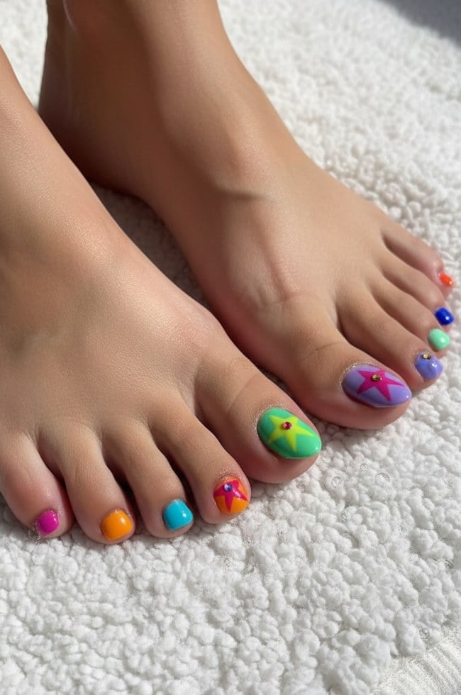 Colorful Star Motifs and Bright Solids Colorful Star Motifs and Bright Solids — Toe Nails Designs
