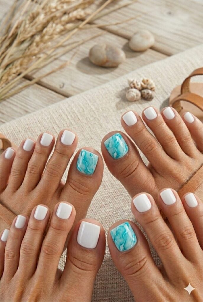 White Base With Blue Turquoise Marble White Base With Blue Turquoise Marble — Toe Nails Designs