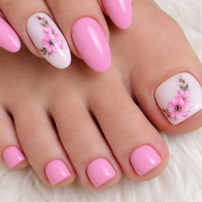 Light Pink With Delicate Pink Floral Art Light Pink With Delicate Pink Floral Art — Toe Nails Designs