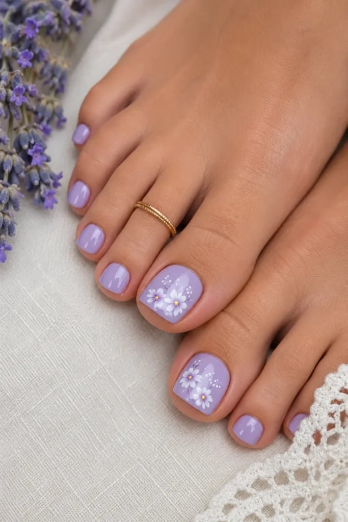 Soft Lavender With White Floral Accents Soft Lavender With White Floral Accents — Toe Nails Designs