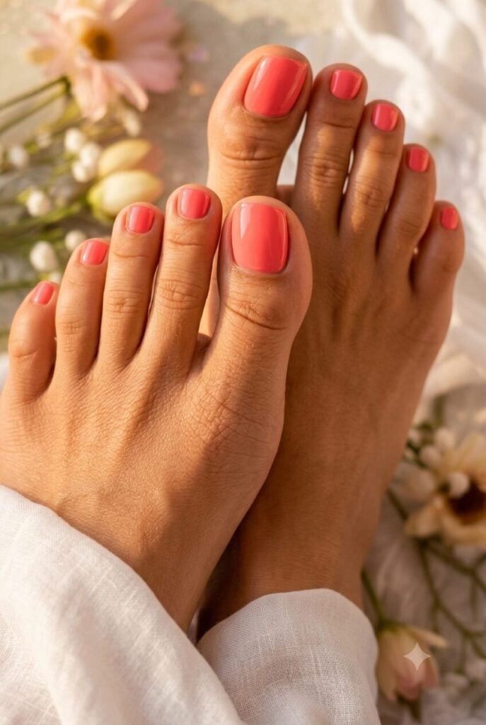 Bright Glossy Coral Toenails Bright Glossy Coral Toenails — Toenail Colors