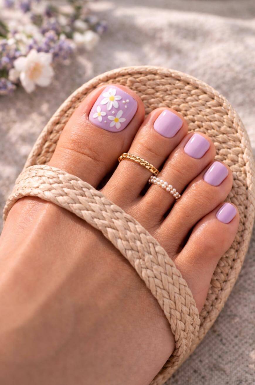 Light Lavender Toenails with Floral Art Light Lavender Toenails with Floral Art — Toenail Colors