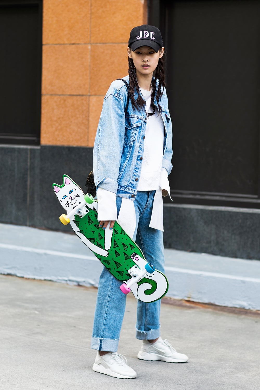 Oversized Denim Jacket With Baseball Cap Oversized Denim Jacket With Baseball Cap — Tomboy Outfits