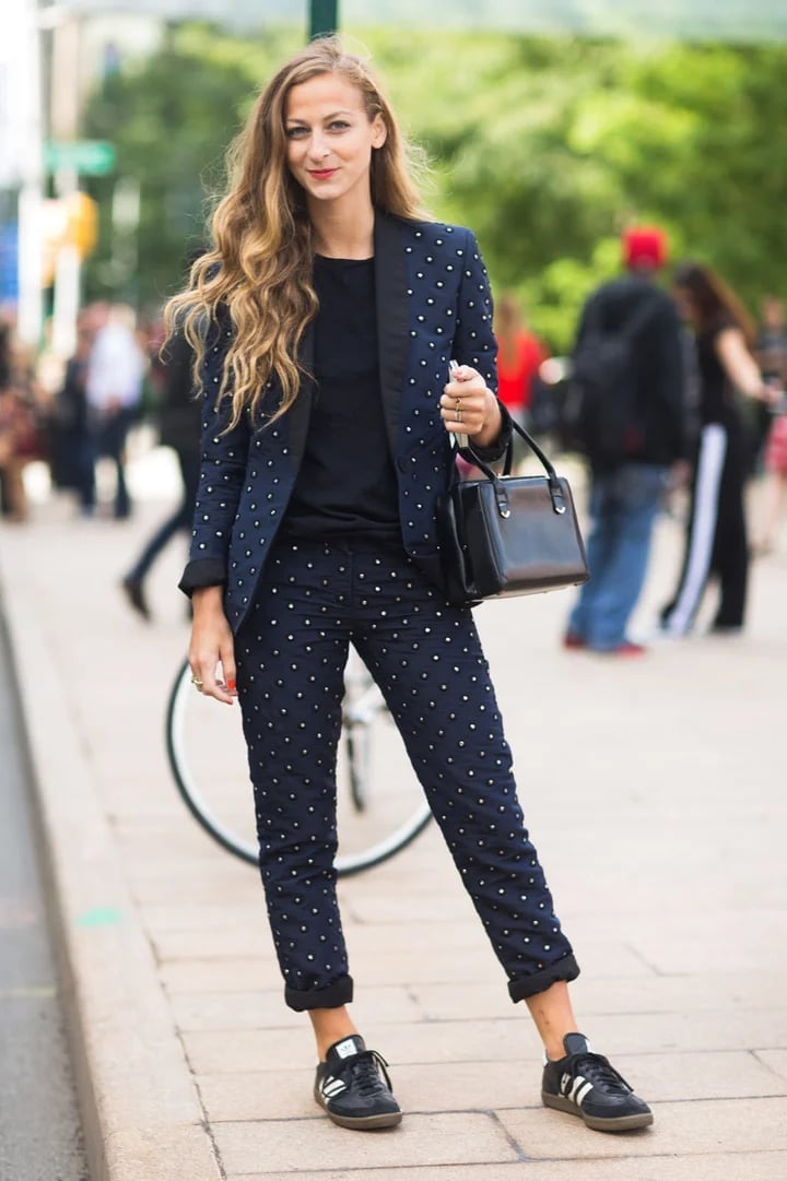 Studded Navy Blazer With Black Sneakers Studded Navy Blazer With Black Sneakers — Tomboy Outfits