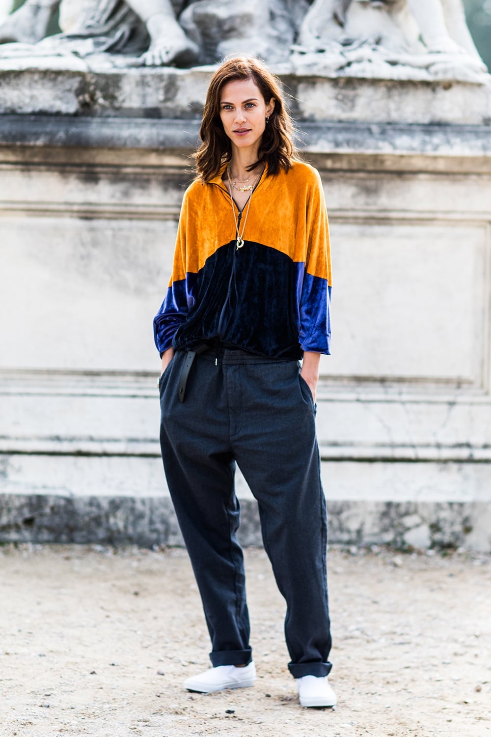 Color-Block Velvet Top With Wide Leg Trousers Color-Block Velvet Top With Wide Leg Trousers — Tomboy Outfits