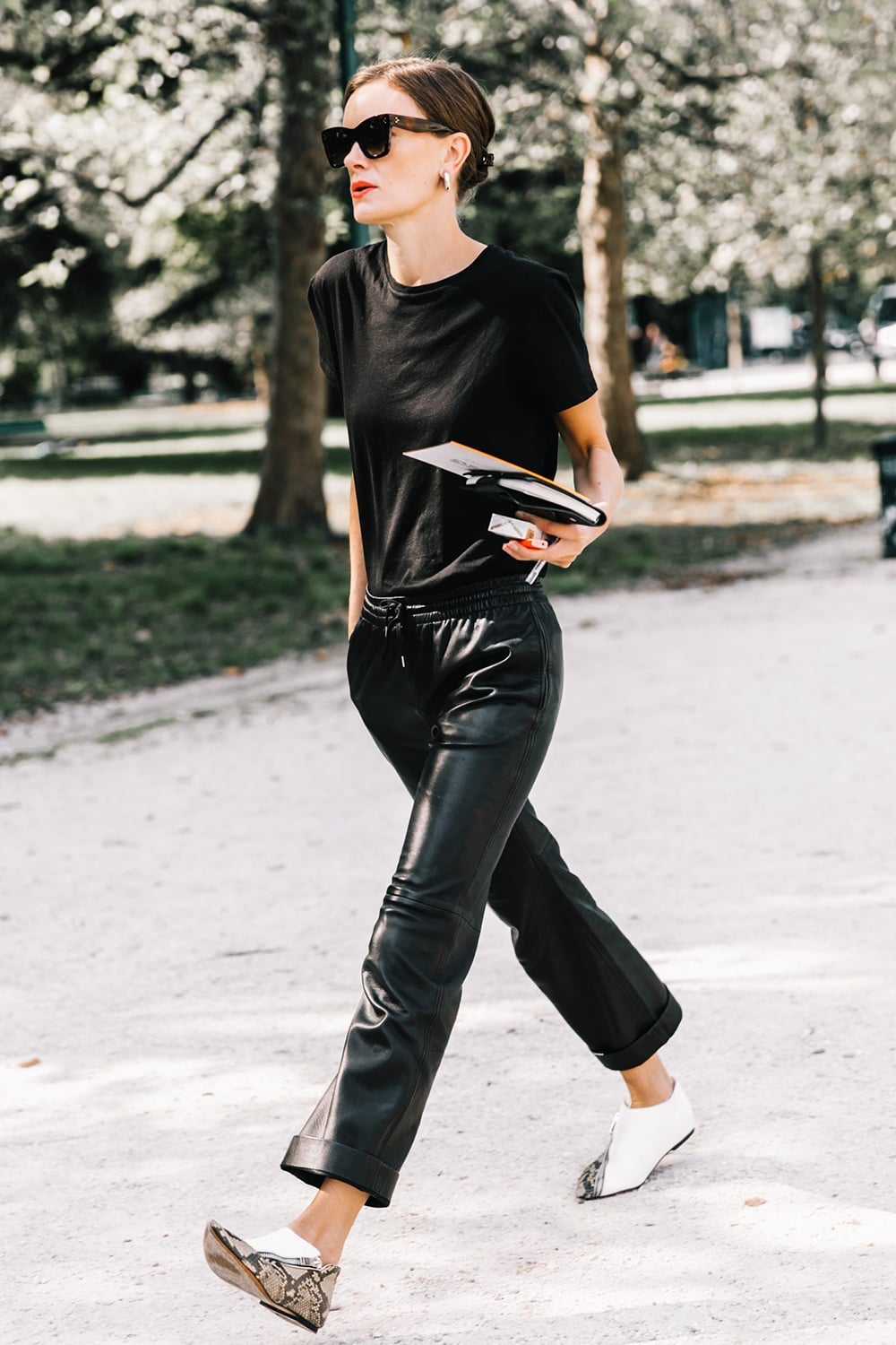 Leather Track Pants With Snakeskin Shoes Leather Track Pants With Snakeskin Shoes — Tomboy Outfits