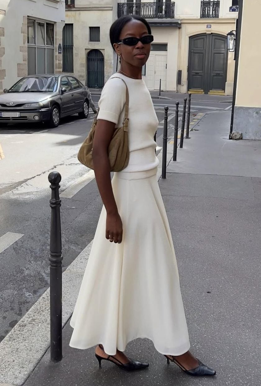 White knit top with flowing A-line skirt White knit top with flowing A-line skirt — Trendy Outfits