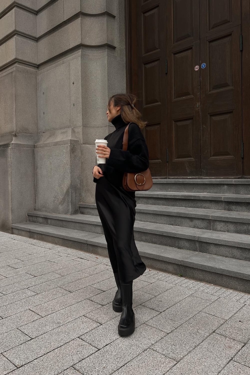 Black satin slip dress with turtleneck and platform boots Black satin slip dress with turtleneck and platform boots — Trendy Outfits