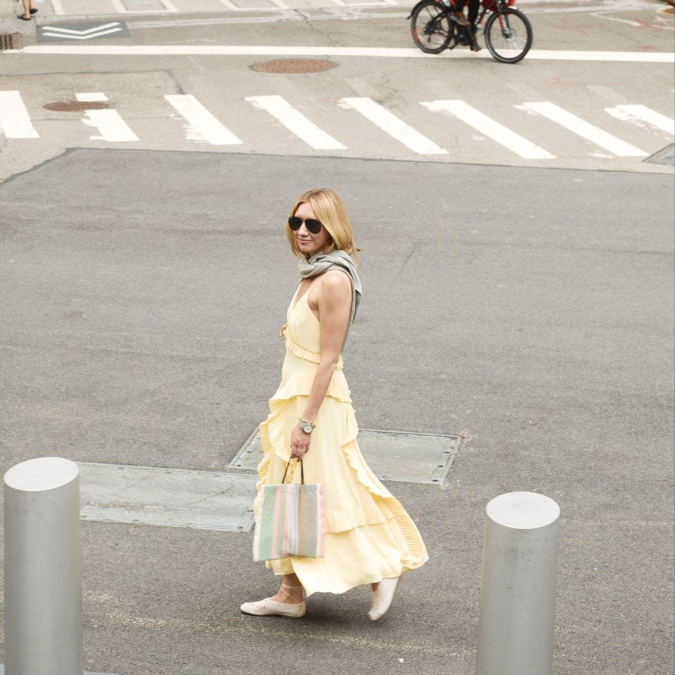 Pale yellow tiered ruffle dress with gray scarf Pale yellow tiered ruffle dress with gray scarf — Trendy Outfits
