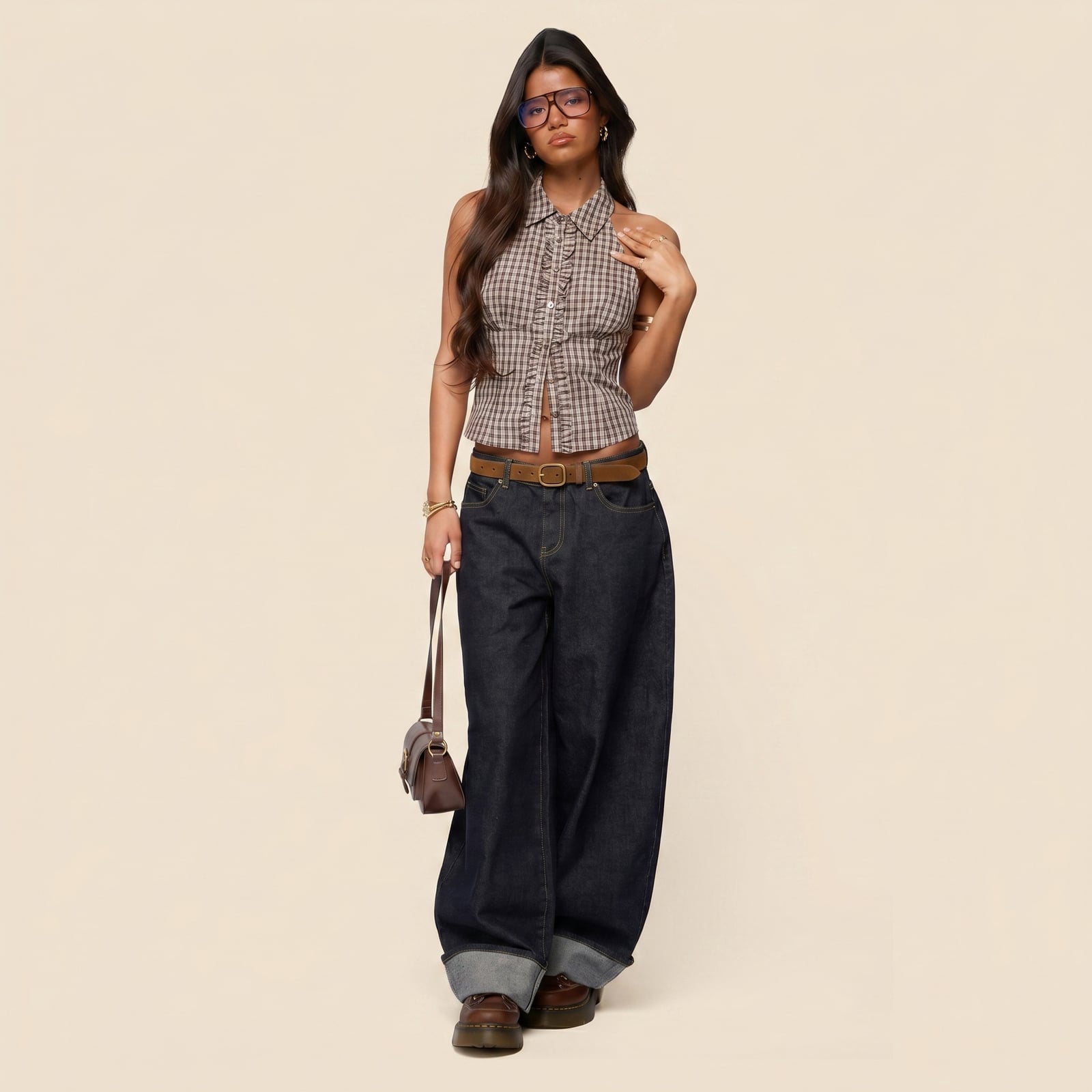 Baggy dark wash jeans with plaid collared top Baggy dark wash jeans with plaid collared top — Trendy Outfits