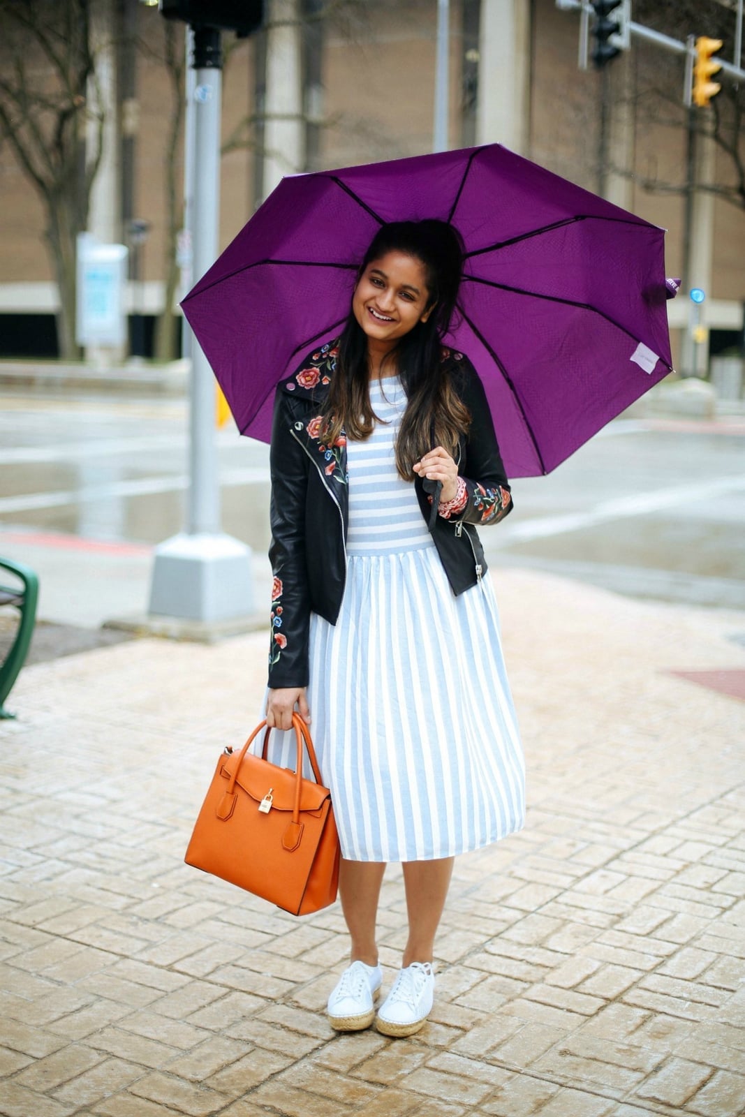 Embroidered leather jacket over striped dress Embroidered leather jacket over striped dress — Trendy Outfits