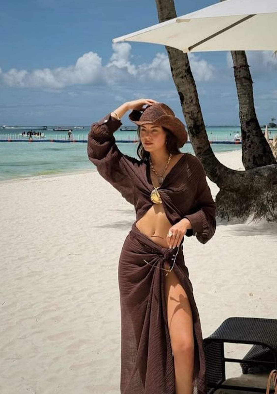 Brown crinkled fabric wrap top and skirt set Brown crinkled fabric wrap top and skirt set — Tropical Outfits