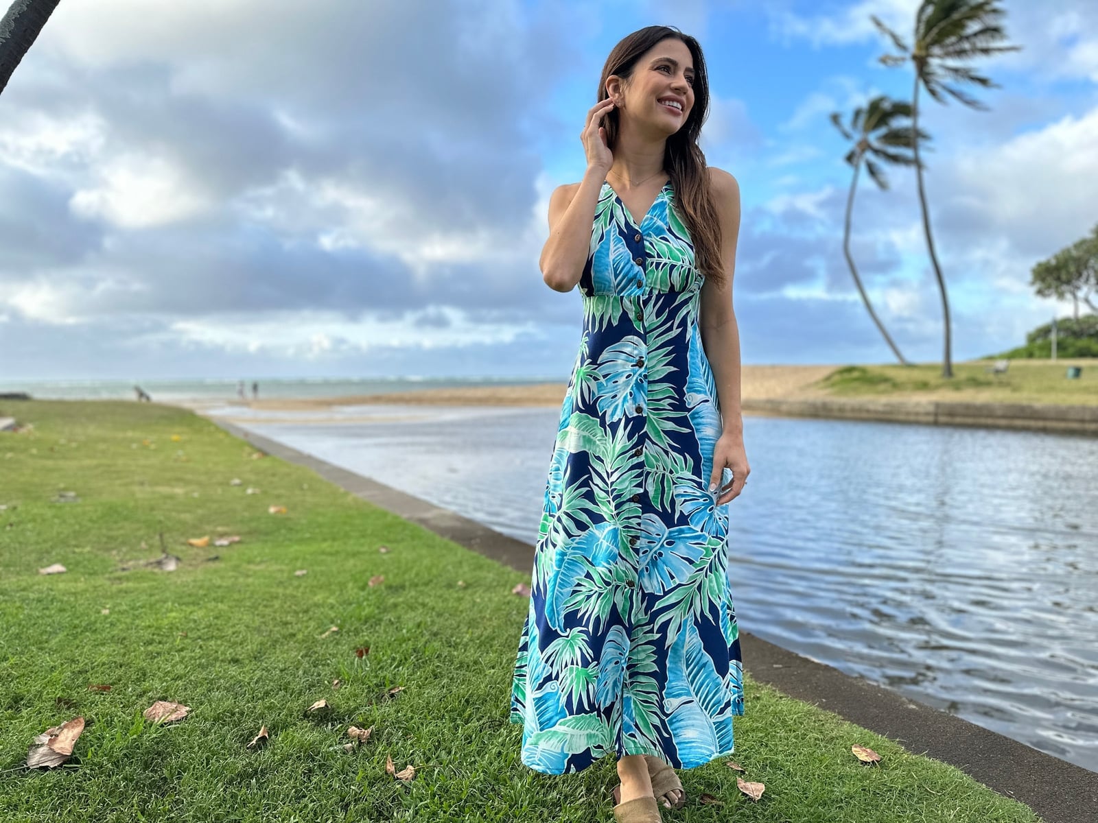 Navy halter neck maxi dress with leaf print, Tan Flat Sandals Navy halter neck maxi dress with leaf print, Tan Flat Sandals — Tropical Outfits
